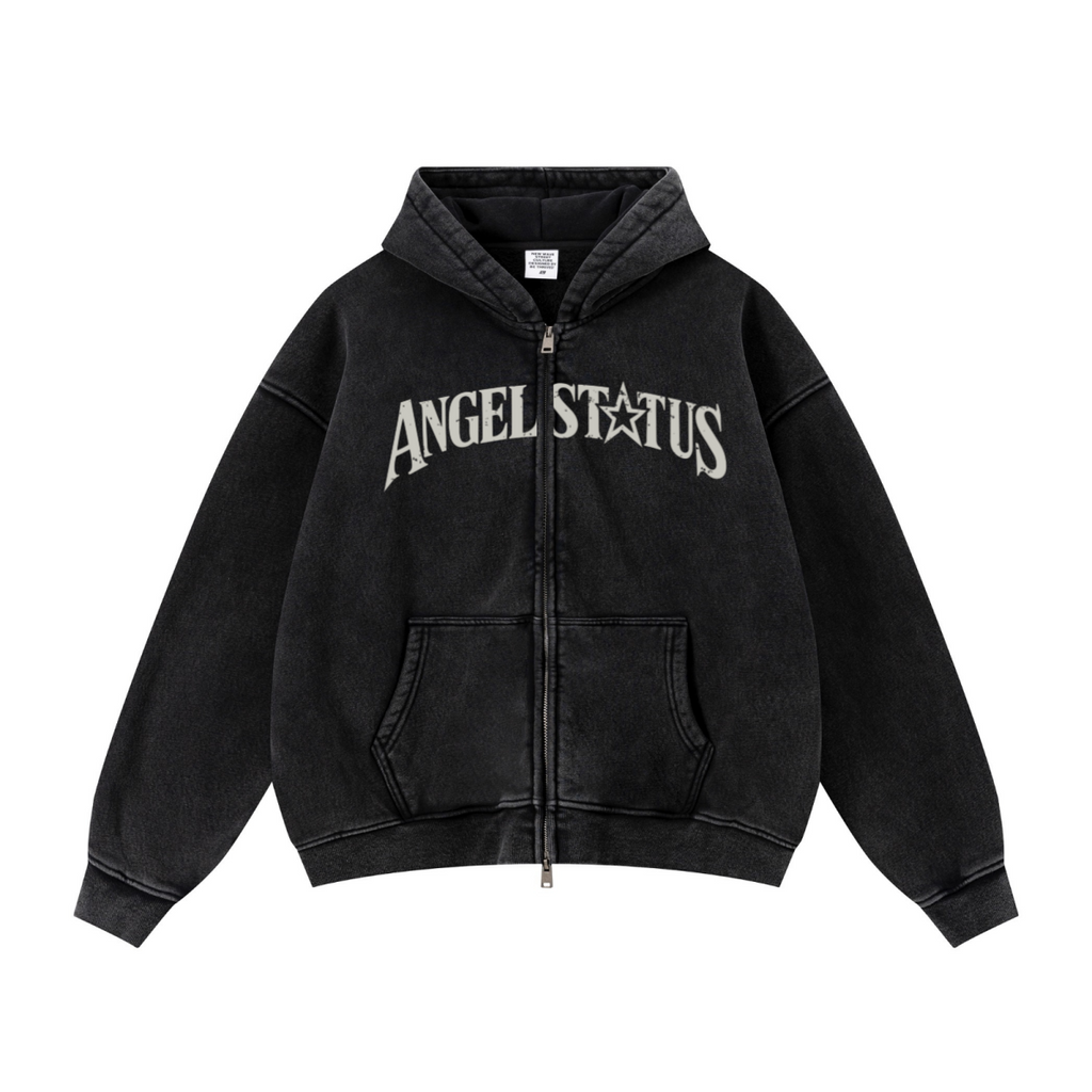 400GSM Unisex Vintage-Wash Boxy-Fit Zip-Up Hoodie Vintage Black